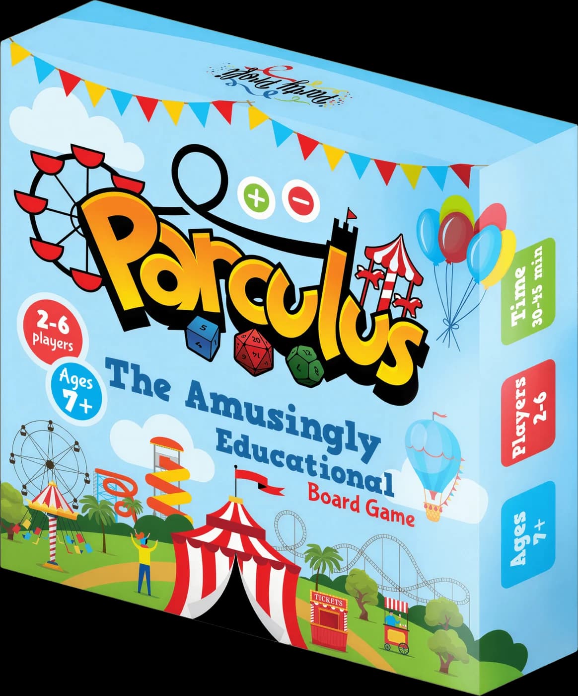 Parculus board game box — a bright fairground under a blue sky