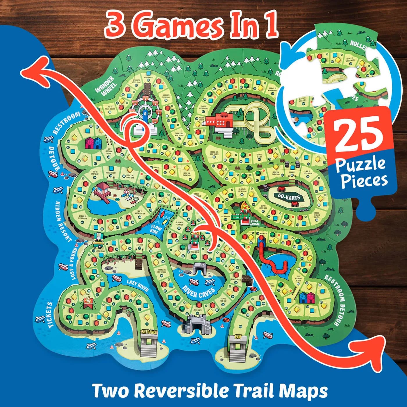 The Parculus theme-park trail map — 25 large puzzle pieces, 3 games in 1, two reversible maps