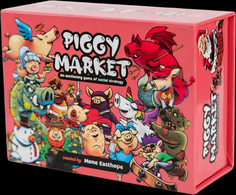 Piggy Market box — a coral-pink crowd of costumed cartoon piggies