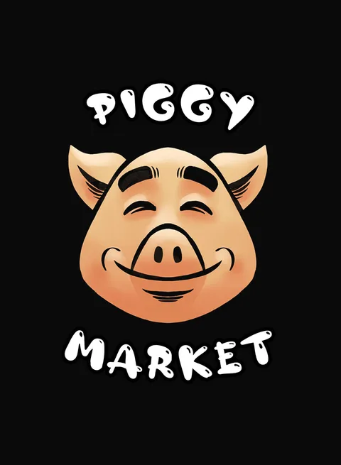 The Piggy Market card back — a smiling pig on black