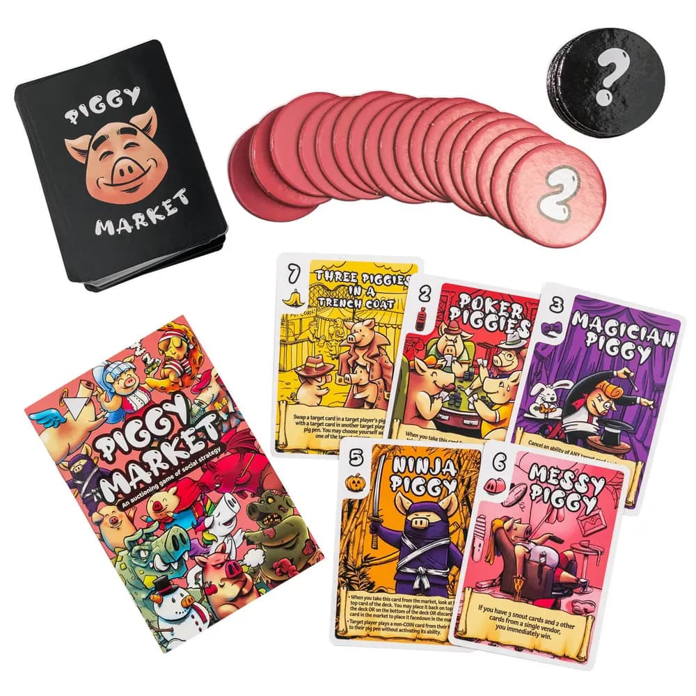 Piggy Market listing photo: the deck, tokens and cards laid out