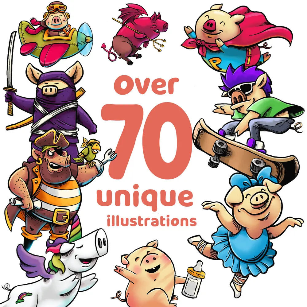 Piggy Market listing photo: over 70 unique piggy illustrations