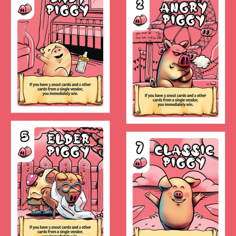 Four snout-vendor piggy cards side by side