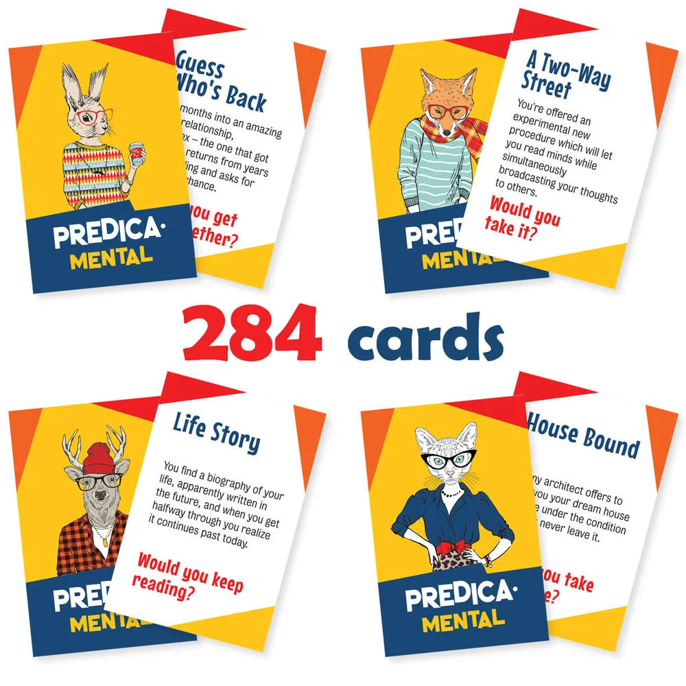 Predicamental listing photo: four predicament cards with hipster animal art