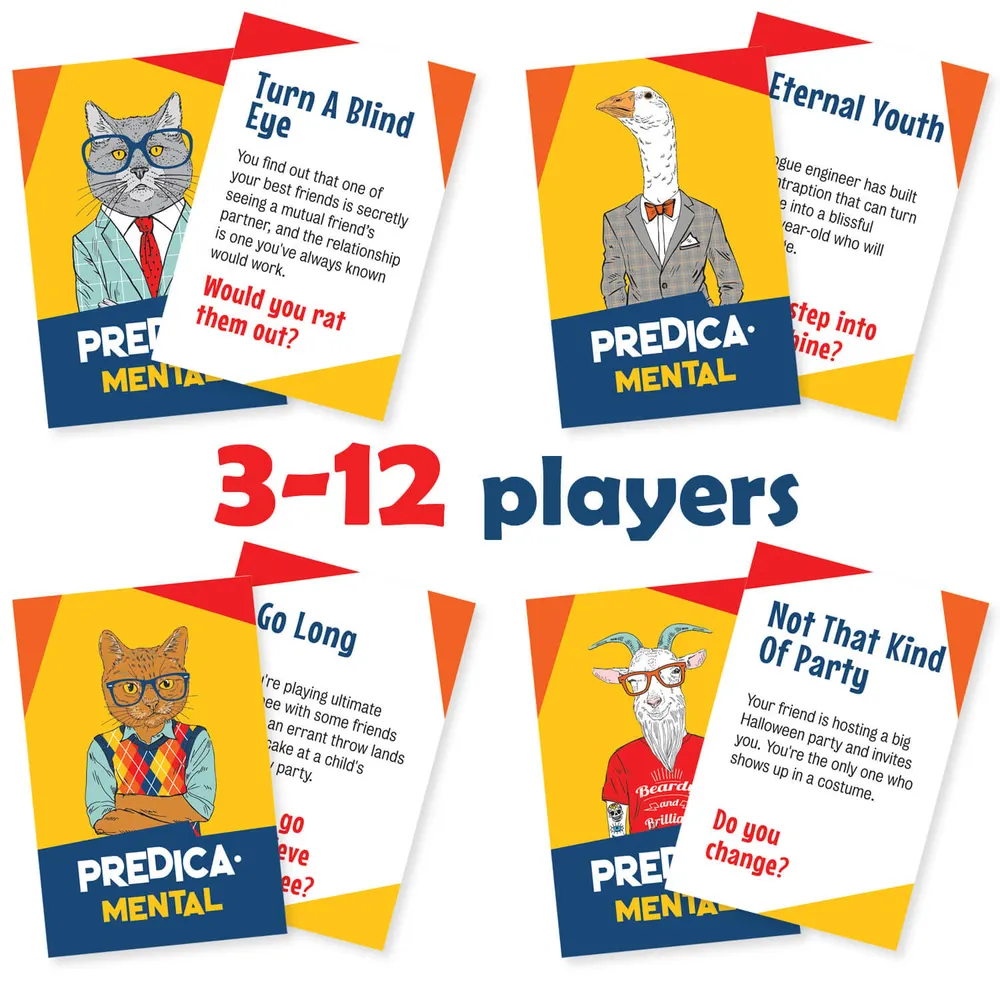 Predicamental listing photo: cards fanned for 3 to 12 players