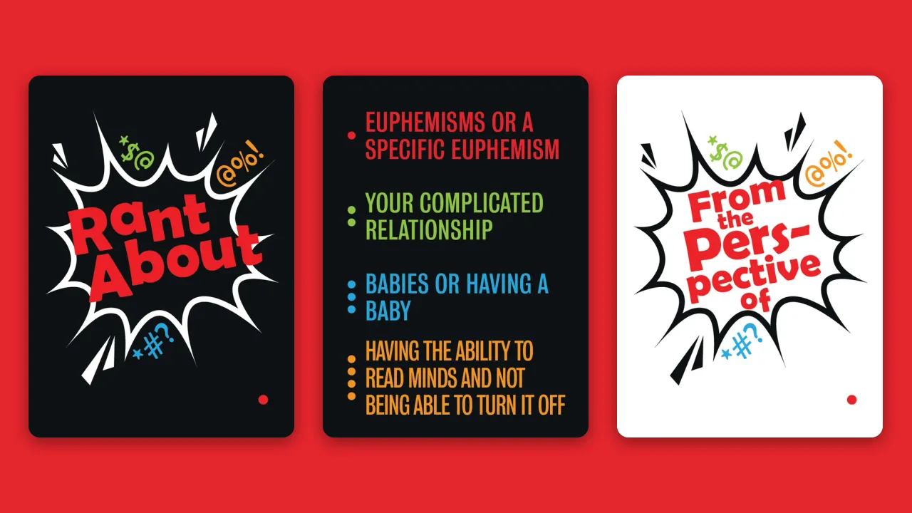 Both Rant About decks beside a card of rant topics