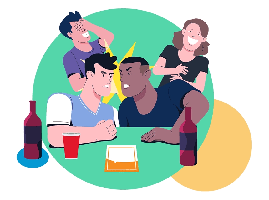 Illustration: four friends mid-round with drinks