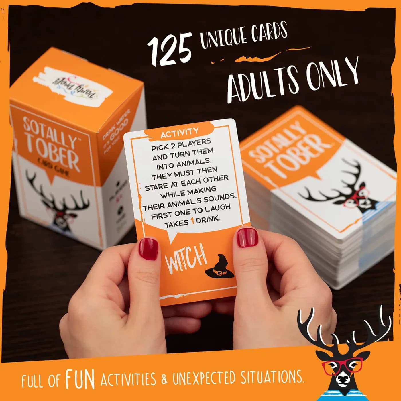 Friends holding up a Sotally Tober card mid-game