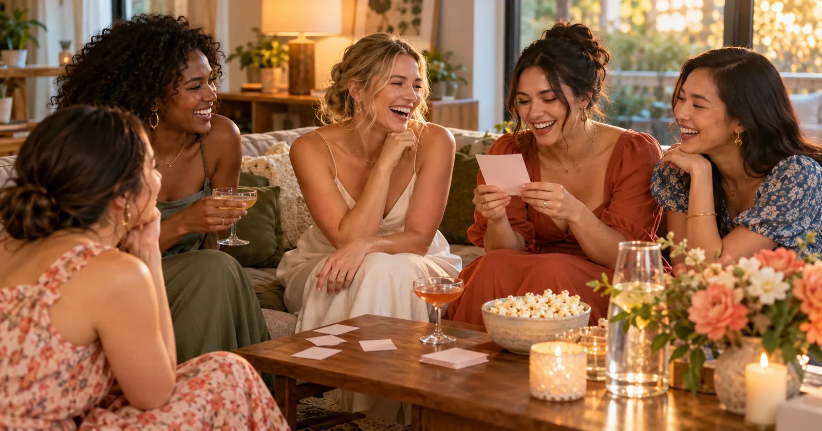 Friends laughing as a guest reads a game card at a relaxed bachelorette party.