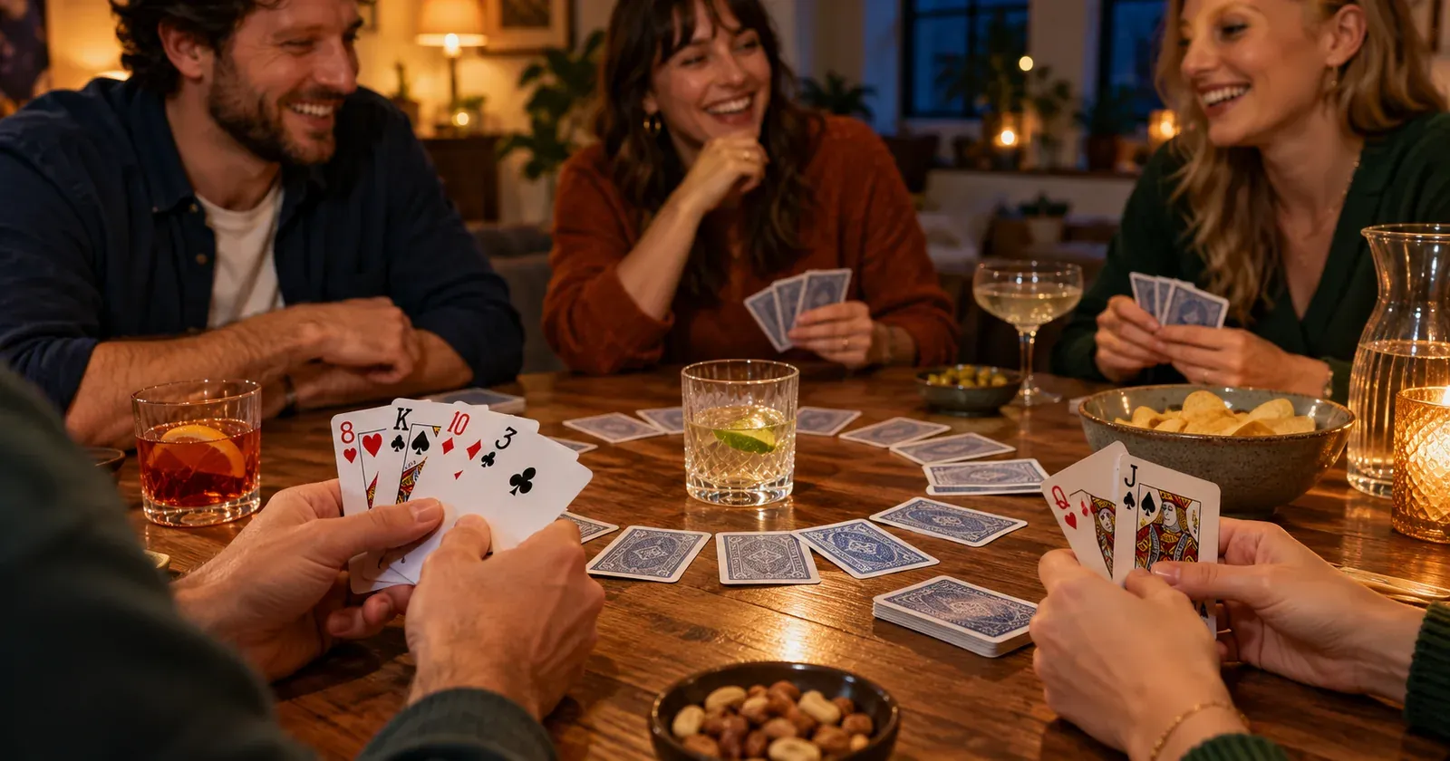 Adults playing cards around a table with snacks, drinks and a water carafe.