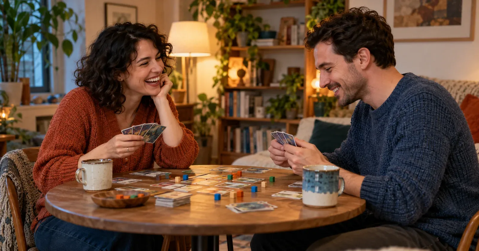 A couple enjoying a two-player card game at home with mugs and wooden game pieces.