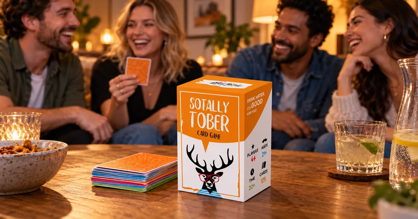 An orange Sotally Tober box and colorful cards on a table with friends playing in the background.